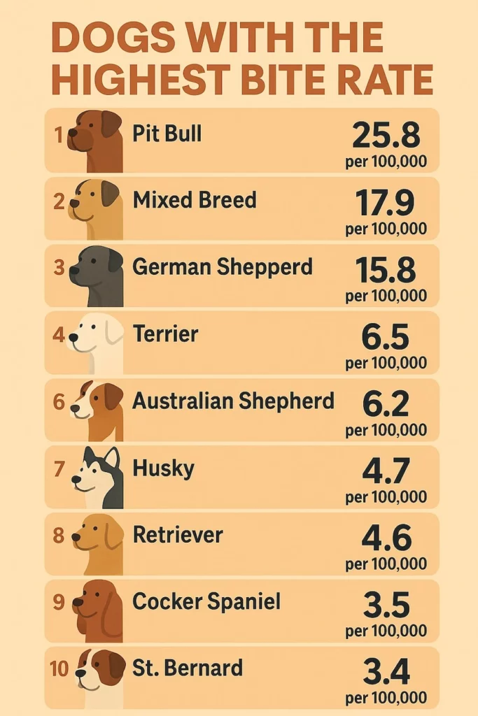 An infographic table illustrating dog breeds with the highest reported bite rates.